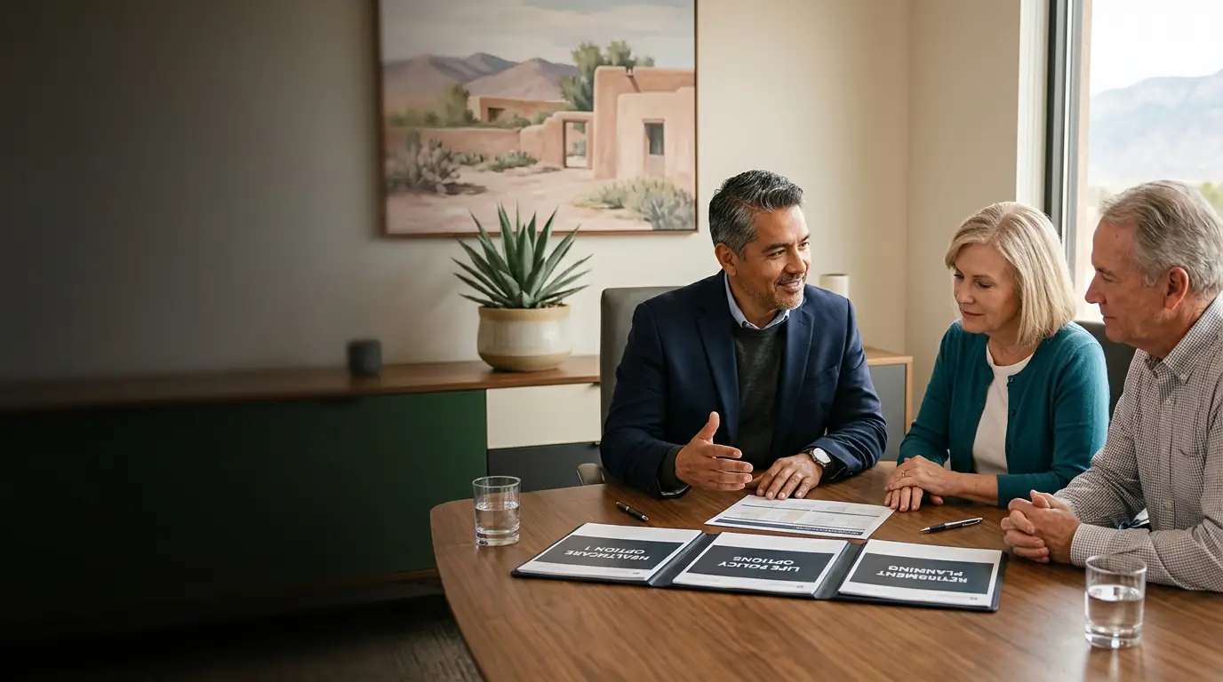 Insurance advisor discussing Medicare, life insurance and retirement options with a mature couple