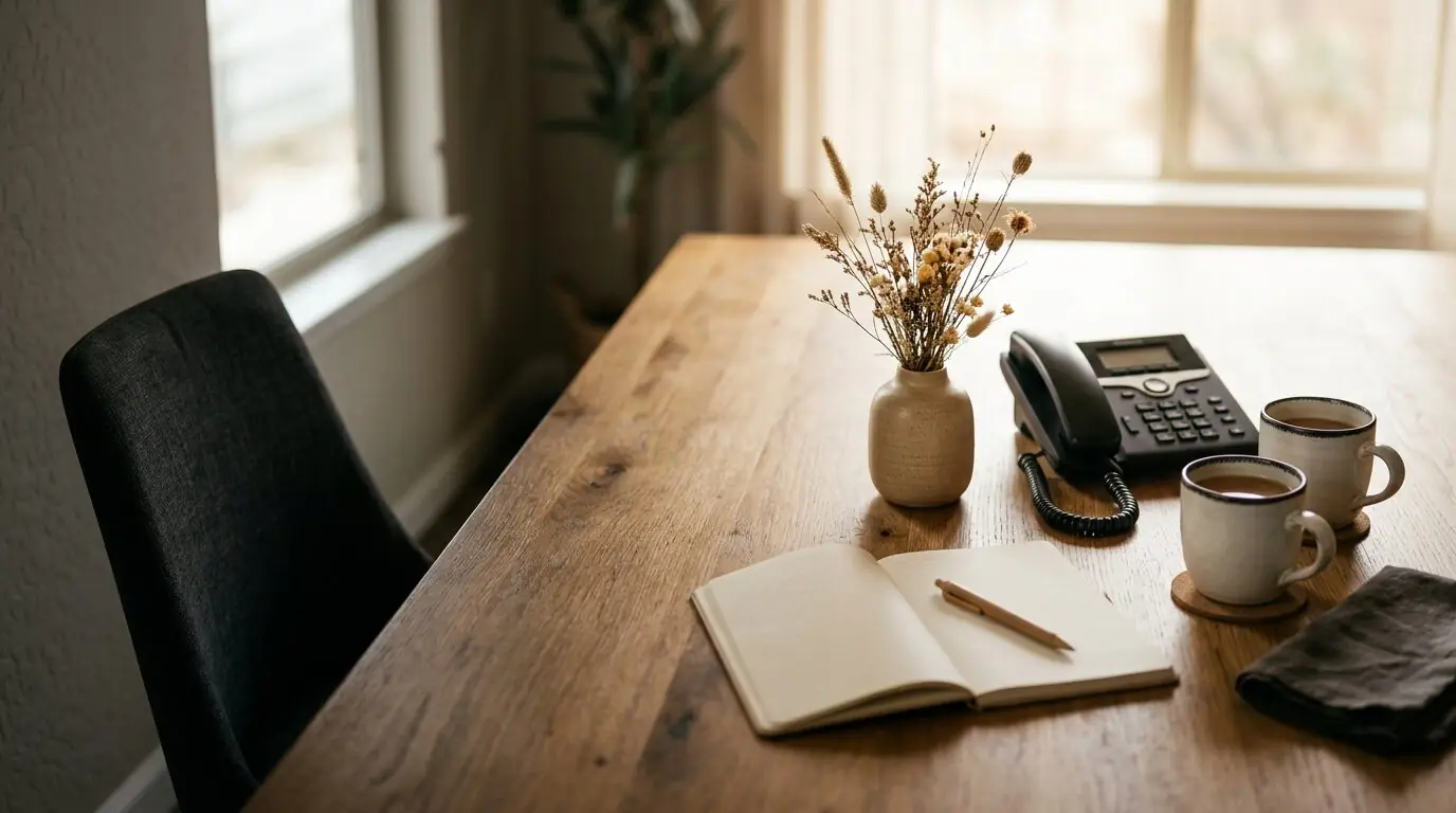 Welcoming consultation table with an open notepad, desk phone, two coffee cups and dried desert stems by a bright window
