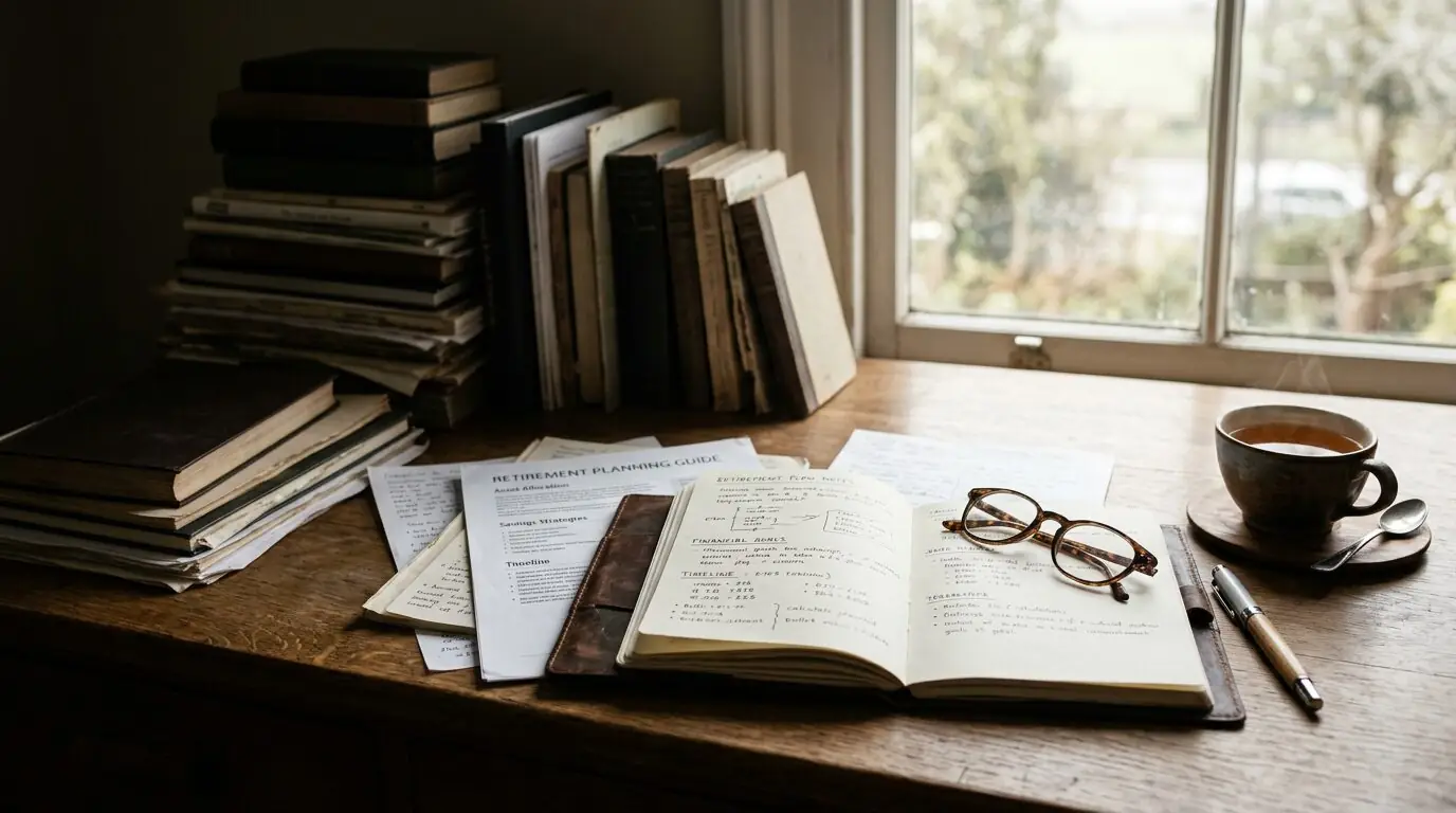 Retirement planning guide, handwritten notes, reading glasses and a cup of tea on a sunlit wooden writing desk