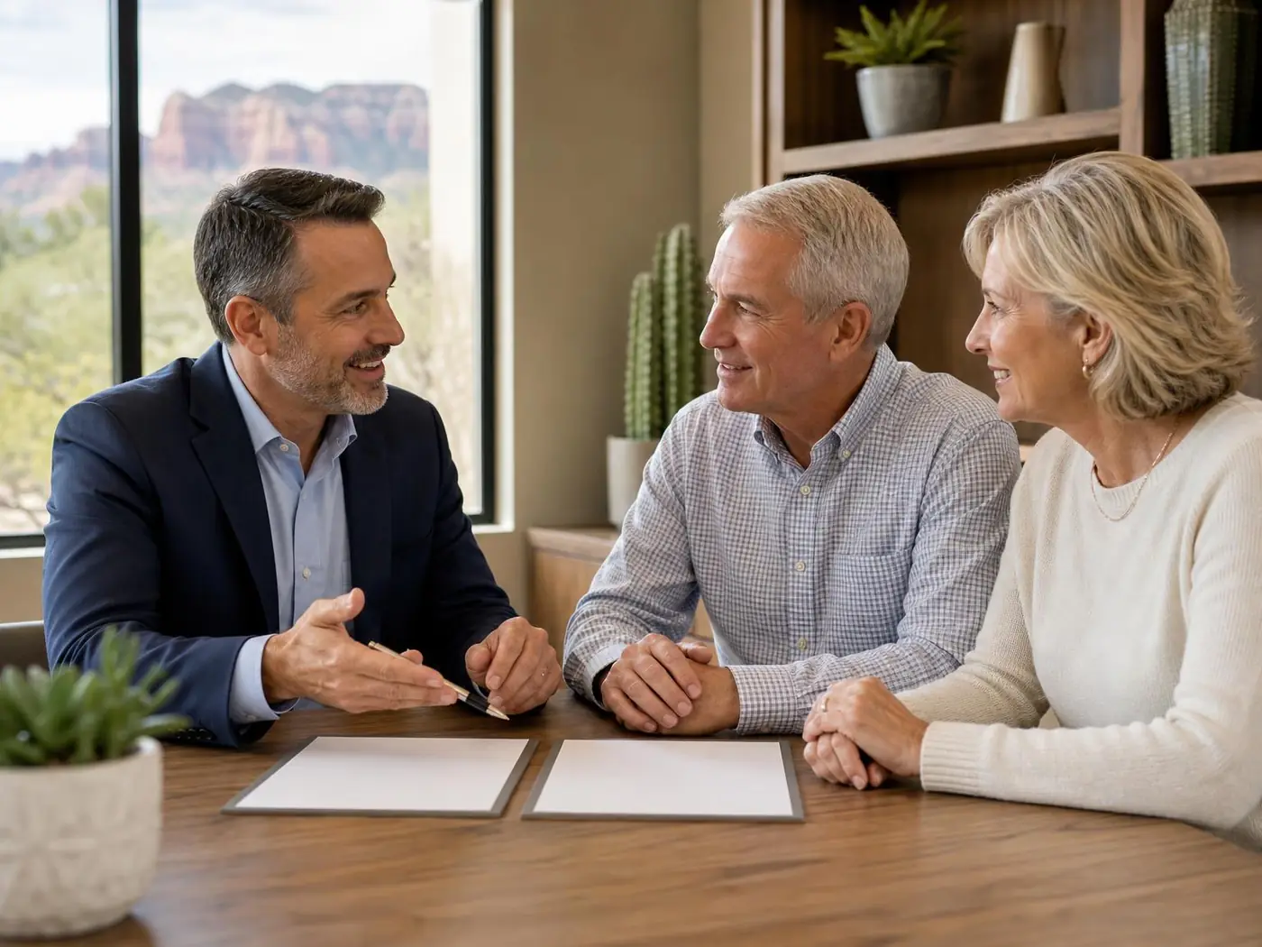 Insurance advisor talking with a couple about their coverage options