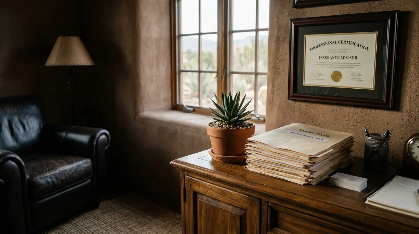 Independent insurance advisor office corner with a framed professional certification, stacked client files and a desert plant