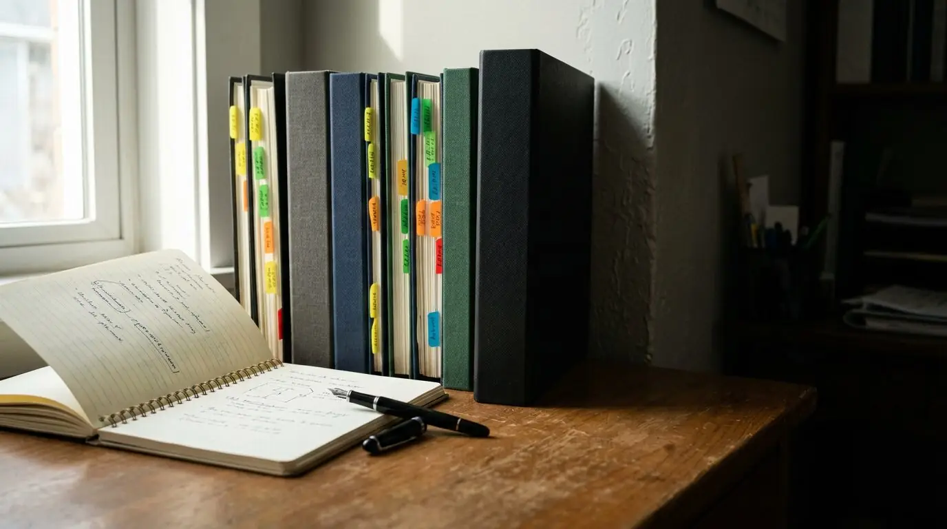 Open spiral notebook with a fountain pen next to colour-tabbed insurance reference binders in soft window light